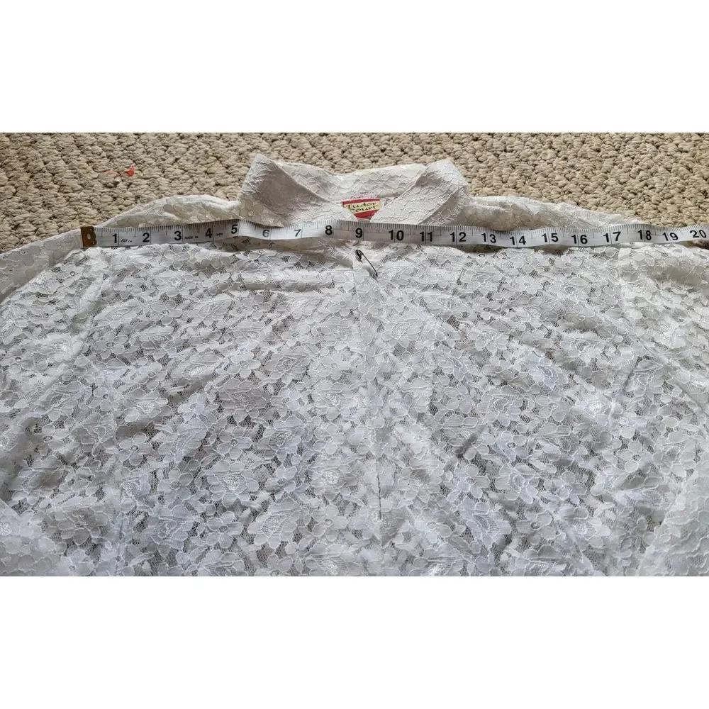 Vintage 70s 80s Romantic Sheer Lace Overlay Blouse Open Size L White Retro - Picture 5 of 7